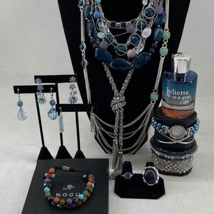 10+ Piece WHBM Givenchy, Guess, Nogu Silver Tone Glass Jewelry Set 1.9 lbs